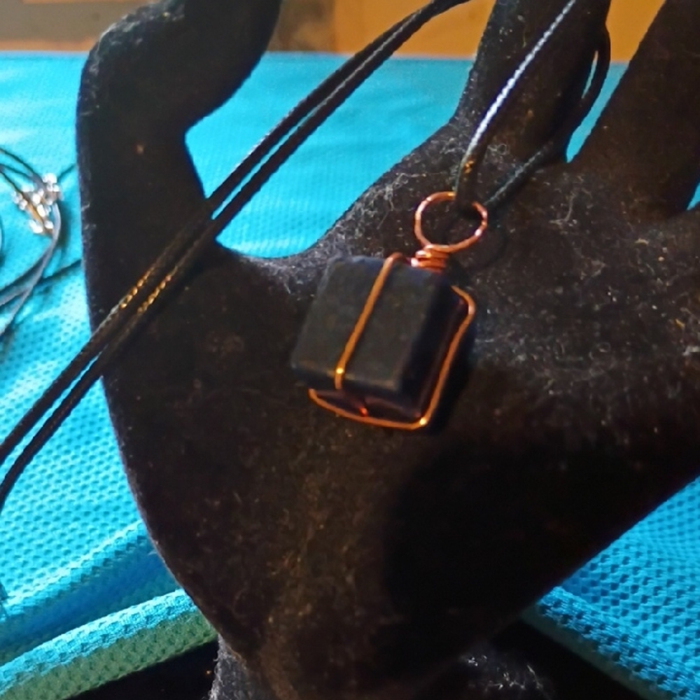Black Pendant Necklace with Copper Wire Wrap